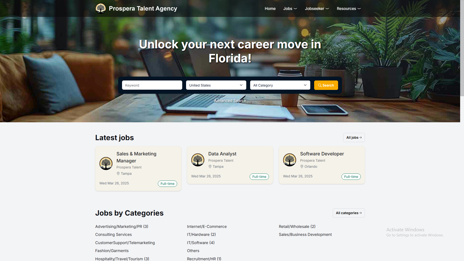 jobs.prospera-talent.com Homepage Client