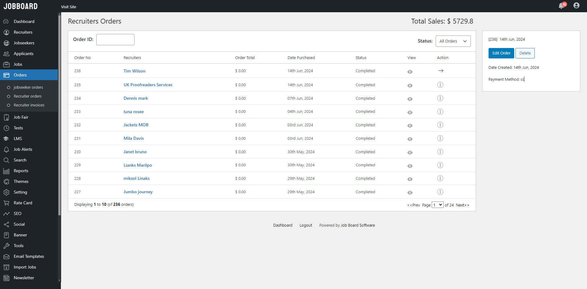 Orders – Job Board Software